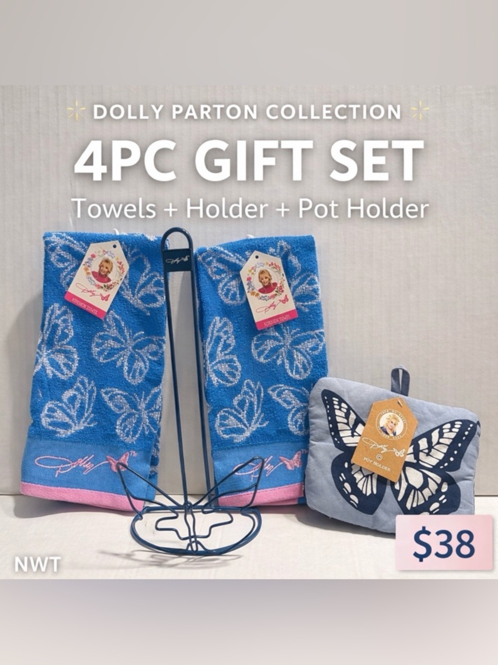Dolly Parton Butterfly Kitchen Gift Set 4PC Towels Holder NWT